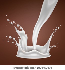 Vector realistic milk splash, pouring liquid dairy whirl or flow. High detailed illustration on chocolate brown background for advertising design, sweet food element