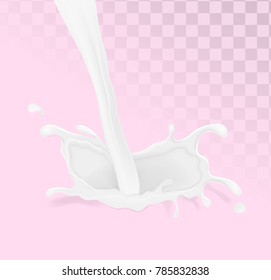 Vector realistic milk splash, pouring liquid dairy whirl or flow. High detailed illustration on pink transparent background for advertising design, sweet food element