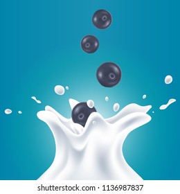 Vector realistic milk splashes with blueberries gradient background