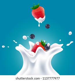 Vector realistic milk splashes with blueberries and red strawberries gradient background