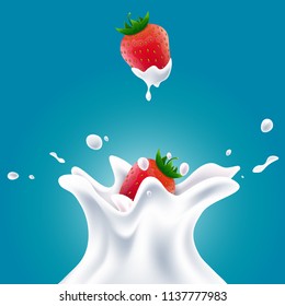 Vector realistic milk splashes with blueberries and red strawberries gradient background