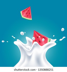 Vector realistic milk splashes with red watermelon slice on gradient blue background
