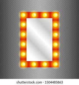 Vector realistic mirror with blurry reflection. Makeup mirror isolated with gold lights. Vector illustration