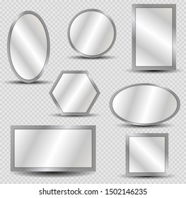 Vector Realistic Mirrors Set With Blurry Reflection. Reflective Mirror Surface In Silver Frame, Mirroring Glass Decor Interior Vector Illustration