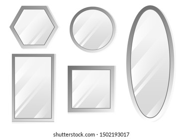 Vector realistic mirrors set with blurry reflection. Reflective mirror surface in silver frame, mirroring glass decor interior vector illustration