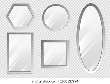 Vector realistic mirrors set with blurry reflection. Reflective mirror surface in silver frame, mirroring glass decor interior vector illustration