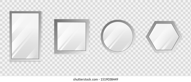 Vector realistic mirrors set with blurry reflection. Reflective mirror surface in silver frame, mirroring glass decor interior vector illustration