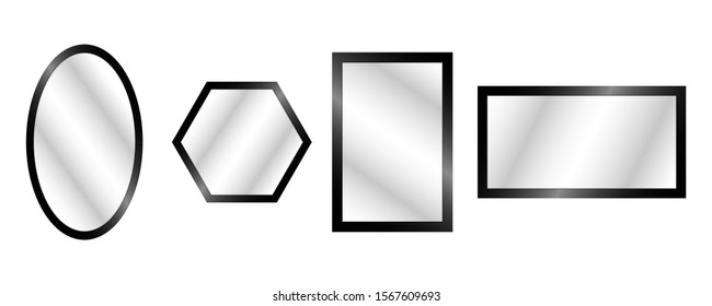 Vector realistic mirrors set with blurry reflection. Reflective mirror surface in silver frame, mirroring glass decor interior vector illustration