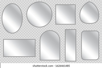 Vector realistic mirrors set with blurry reflection. Realistic empty mirrors with reflect in mockup style. Set of realistic mirrors of different shapes