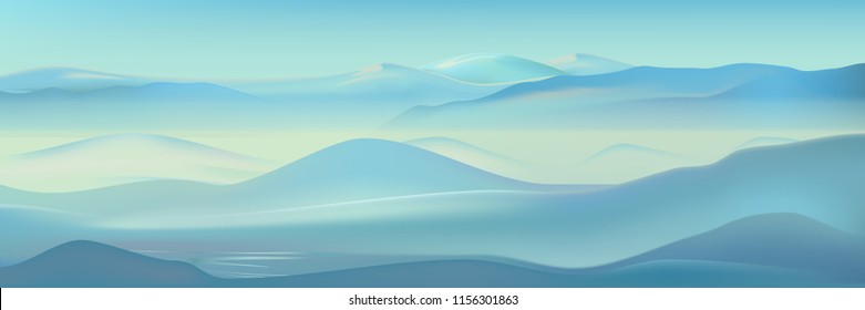 Vector realistic misty mountains landscape. Light blue universal nature background. Beautiful winter mountains silhouette.