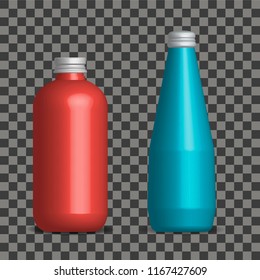 Vector realistic mock up bottle of mineral water, juice on transparent background.