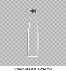 Vector realistic mock up bottle of mineral water, juice. Glass bottle on transparent background