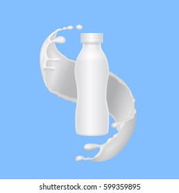 Vector realistic mock up bottle of yogurt and milk splash on blue background