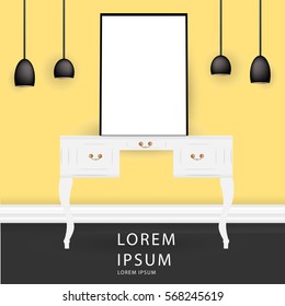 Vector realistic mock up interior design illustration background. Stand lamp, blank poster, yellow wall, classic white table, black floor