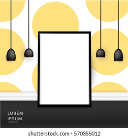 Vector realistic mock up interior design illustration background. Hanging lamps, blank poster, yellow wall, black floor