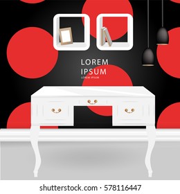 Vector realistic mock up interior design illustration background. Black reading lamp, classic table, shelves with books and photo frame, black with red spots wall background