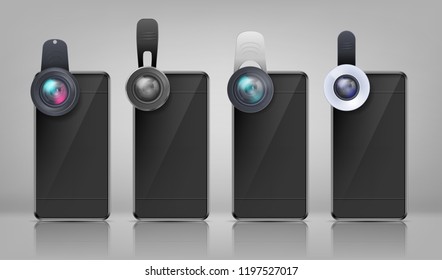 Vector realistic mockup, black smartphones with various clip-on lenses, isolated on background. Mini objectives to attach on cell phone photo camera, modern portable gadgets for mobile devices
