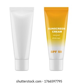 Modelación vectorial realista del embalaje en blanco para cosméticos. Crema de protección solar. EPS 10.	