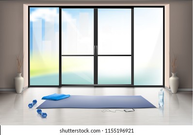 Vector realistic mockup of empty gym hall for fitness trainings with blue yoga mat and dumbells on clean floor. Entrance room with large glass door, interior inside, template for your design