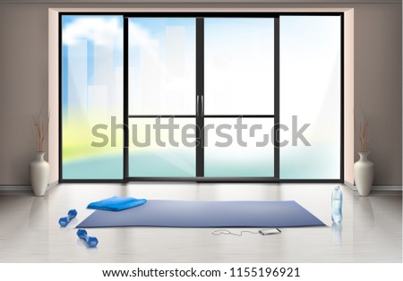 Vector realistic mockup of empty gym hall for fitness trainings with blue yoga mat and dumbells on clean floor. Entrance room with large glass door, interior inside, template for your design