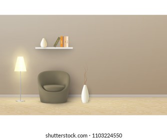 Vector realistic mockup of empty room with beige wall, soft armchair, floor lamp, shelf with books. Studio with minimalist interior. Template for your creative design, for presentation of your product