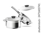 Vector realistic mockup of empty steel frying pan with handle and lid. Stainless steel cookware isolated on white background.