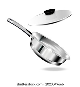 Vector realistic mockup of empty steel frying pan with handle and lid. Stainless steel cookware isolated on white background