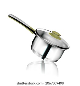 Vector realistic mockup of empty steel saucepan with handle and lid. Stainless steel cookware isolated on white background