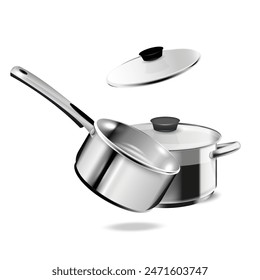 Vector realistic mockup of empty steel frying pan with handle and lid. Stainless steel cookware isolated on white background.