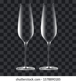 Vector realistic mockup of glass or crystal glasses for champagne. Illustration for your design. 
