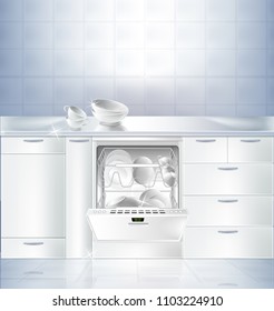 Vector realistic mockup of kitchen room with white clean floor and wall. Cupboard with built-in dishwasher machine filled with clean plates. Template, background for presentation detergent product