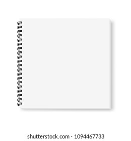 Vector realistic mock-up (layout) of the album for drawing, notebook, top view. White sheets of paper are square in shape, fastened with a black spiral. The image was created using a gradient mesh.