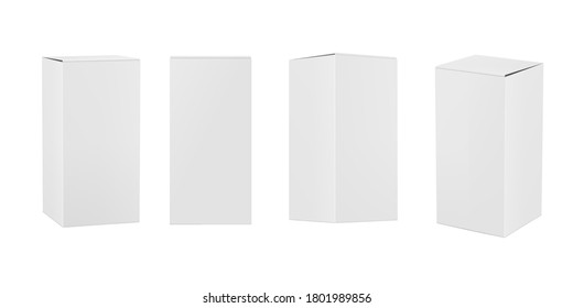 Vector realistic mockup, layout of a rectangular paper box, positioned vertically, front view and perspective view. Vector EPS 10.