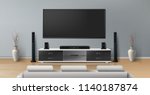 Vector realistic mockup of living room with big plasma tv on flat gray wall, black stand with modern home theater system, white sofa for watching movies. Minimalistic interior of residential apartment