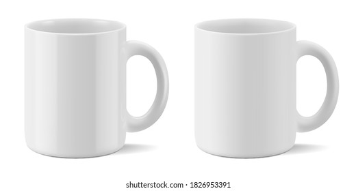 Vector realistic mockup of matte and glossy mug for drinks perspective view. White blank isolated cup. EPS 10