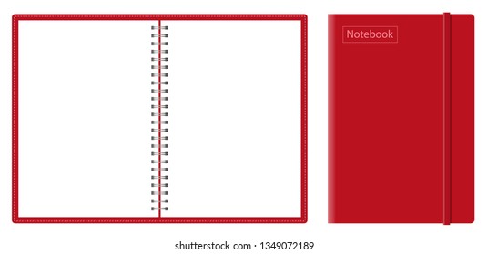 Vector realistic mock-up notepad. spiral for notebooks. closed and open notebook with blank sheets. silver spirals notebook, top view. 