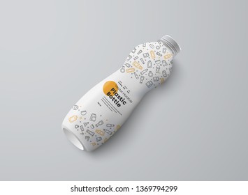 Vector realistic mockup of a plastic white bottle lying on a gray background. Template for the presentation of the label design of yogurt, milk, kefir and other drinks.