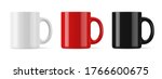 Vector realistic mockup (template, layout) of a mug for drinks front view. White, black, red blank isolated cup. EPS 10