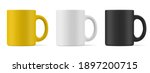 Vector realistic mockup (template, layout) of a matte mug for drinks front view. White, black, yellow blank isolated cup. EPS 10