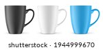 Vector realistic mockup (template, layout) of a mug for drinks front view. White, black, blue blank isolated ceramic cup. EPS 10