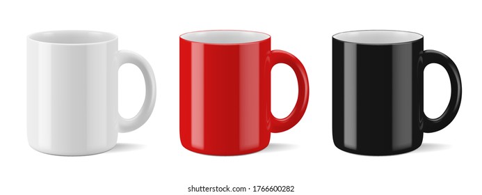 Vector realistic mockup (template, layout) of a mug for drinks perspective view. White, black, red blank isolated cup. EPS 10