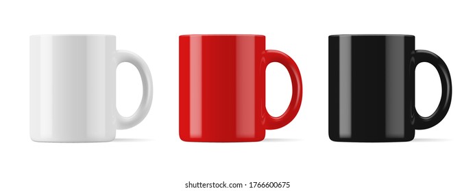 Modelación vectorial realista (plantilla, disposición) de una taza para bebidas vista frontal. Taza aislada blanca, negra, roja. EPS 10
