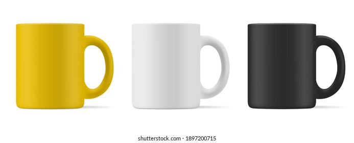 Vector realistic mockup (template, layout) of a matte mug for drinks front view. White, black, yellow blank isolated cup. EPS 10