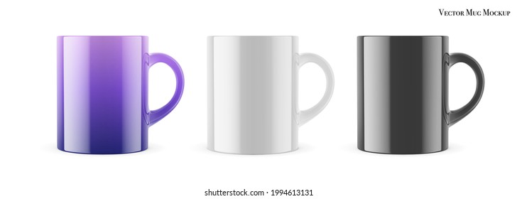 Vector realistic mockup (template, layout) of a mug for drinks. White, black, purple blank isolated cup. EPS 10