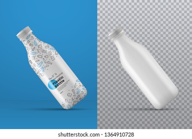Vector realistic mockup of a white plastic bottle at an angle with a shadow. Universal template for different drinks isolated on a color and transparent background.