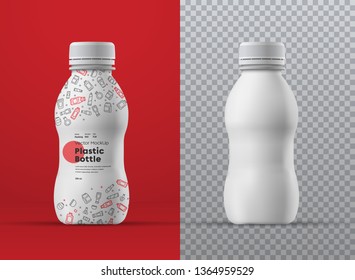 Vector realistic mockup of white plastic curly bottle for drinks. Universal for different volumes m milliliters. Template for the presentation of packaging design and labels svg