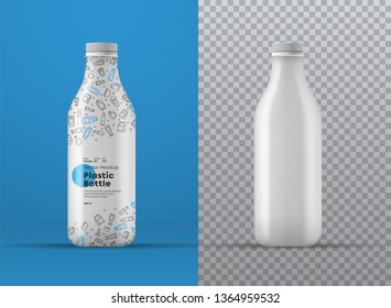 Vector realistic mockup of white plastic bottle with label. Universal template for different volumes in milliliters on transparent and colored backgrounds.