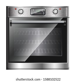Vector realistic modern oven, multi function stove with touch menu and timer in front view.