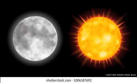 Luna y sol realistas vectoriales con efecto luminoso sobre el fondo oscuro.