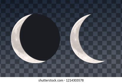 Vector realistic Moon wanning crescent phase on transparent backgraund with clipping mask